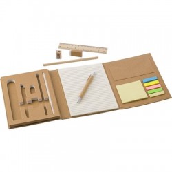 Conference folder, notebook, ruler, ball pen, pencils, pencil sharpener, eraser, sticky notes